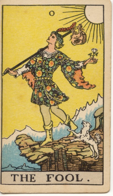 The Fool: a traveller in a flowered tunic at the edge of a cliff, a white rose in one hand, a small dog at the heel